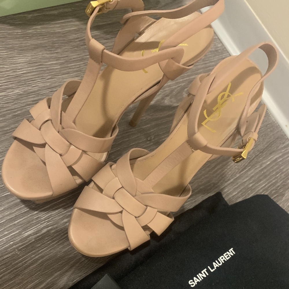 Saint Laurent Nude Pink Leather T-Strap Knot Heels